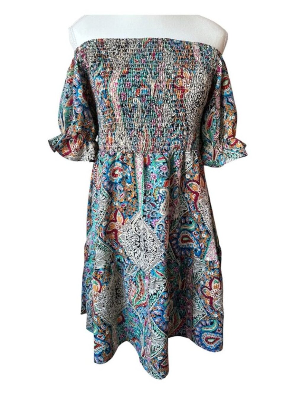 Bohemian Paisley Puff Sleeve Multi-Colour Summer Smocked Mini Dress - L - Picture 1 of 13